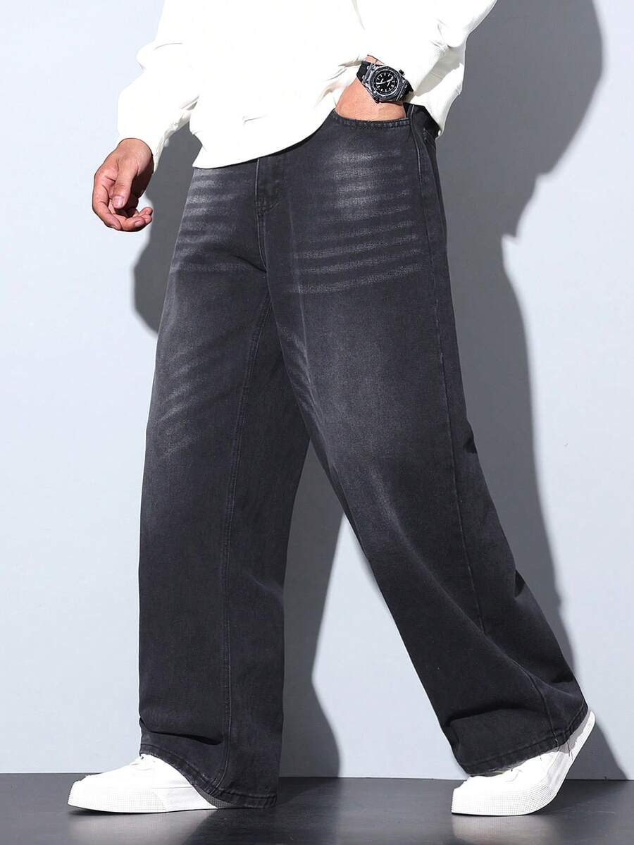 1件 Hearty Haven 休闲宽松复古水洗阔腿男士牛仔裤（不含腰带和配饰） - 淺灰色 - 查看 1