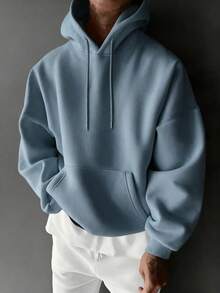 Sudadera con capucha casual de unicolor, manga larga, hombros caídos, cordón y bolsillo para hombres, otoño/invierno, vuelta al colegio