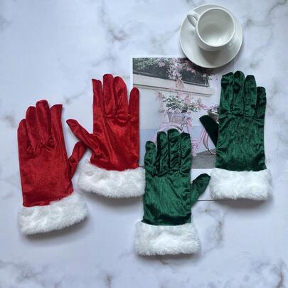 1 Pair Christmas Themed Plush + Faux Fur Christmas Gloves, Holiday Style Red & Green With White Faux Fur, Warm & Decorative Christmas Gloves For Christmas Celebrations And Holiday Outfits