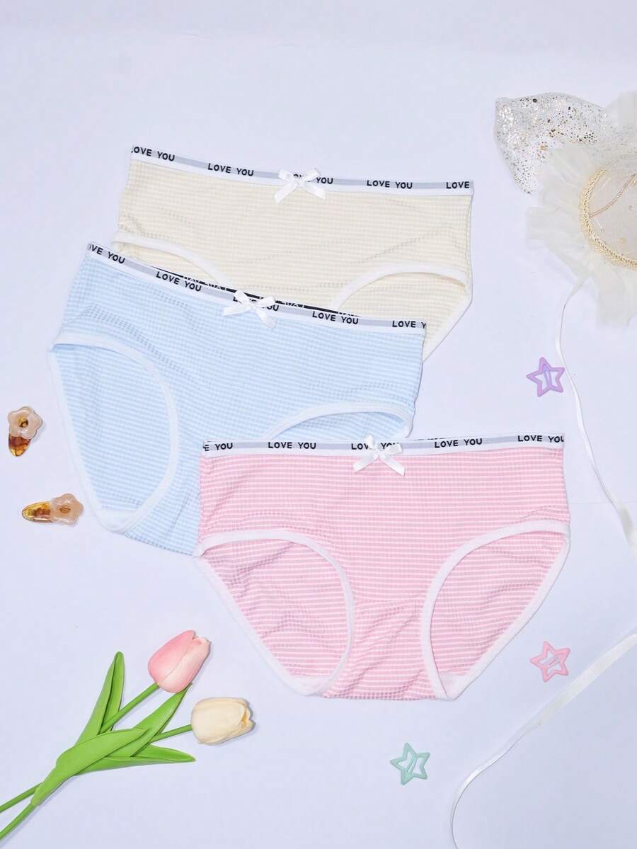 3pcs Girls Cute Bow Contrast Letter Elastic Waist Triangle Panties, Soft Breathable Student Sports Underwear
