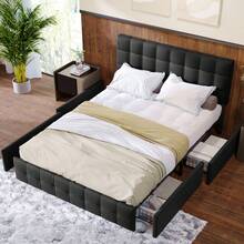 (=622122AAS) Upholstered Bed With 4 Drawers, Double Bed With Slatted Frame, Bed With Storage, Height Adjustable Headboard And Square Stitching Design, Metal Slat Support, Linen Material (140*200, Black) - 黑色+亞麻 - 查看 5
