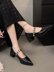 Black Versatile Color Block Pointed Toe Chunky Heel Pumps, New 2025 Korean Version Metal Buckle Mid-Heel Mary Jane Shoes For Women - Black - View 11