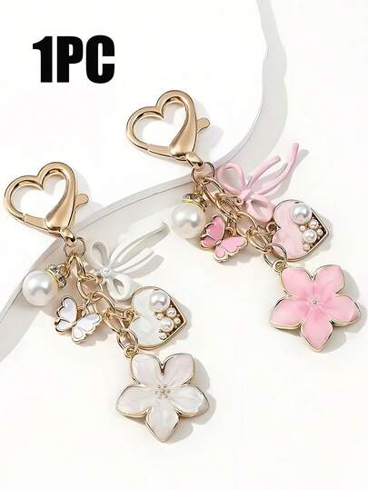 1pc Elegant Floral & Butterfly Enamel Keychain - Floral Butterfly Keychain-Pastel Pink/White, Heart Cutouts, Secure Loop Closure, Dainty Women's Jewelry Gift For Birthdays, Anniversaries, Valentine's Day - Soft Pastel Colors , Handmade Style, Delicate Enamel Finish, Secure Round Ring Clasp, Versatile Accessory, Fine Craftsmanship, Gift For Family, Friends, Lovers, Christmas Gifts, Thanksgiving Gifts, Ramadan Gifts, Valentine's Day Gifts Bag Charms Car Accessories Teacher Sister Gift Ideas
