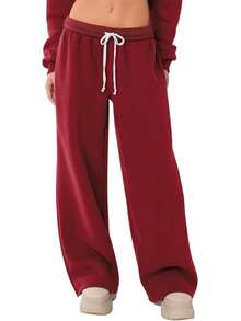 Women's Fleece Lined Wide Leg Thermal Winter Warm Baggy Sweatpants With Pockets - 紅色 - 查看 12