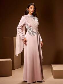 Đầm maxi dài tay cổ đứng màu trơn thanh lịch dành cho nữ, thiết kế xếp nếp bằng chiffon thêu hoa, thích hợp cho các dịp trang trọng như tiệc chiêu đãi, liên hoan, lễ cưới. - Bụi hồng - Xem 5