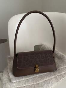 Soft PU Leather Metal Lock Decor Retro Shell Baguette Bag, Women's Shoulder Bag, New Ladies Handbag, Small Square Bag - Coffee - View 8