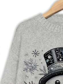 Round Neck Christmas Print Relaxed Casual Knit Pullover Top,Autumn Women,Women's Winter Sweater,Christmas Clothes - Grey - View 4