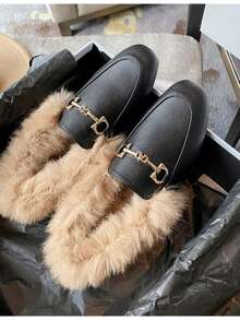 Women's Fuzzy Rabbit Thermal Lined Flat Shoes, Solid Color Fashion Buckle Versatile Driving Loafers, Outdoor Spring Autumn Winter Shoes - Black - View 5