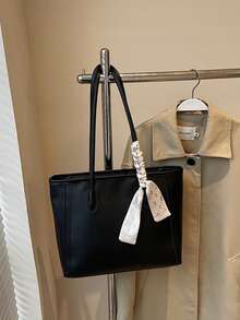 Large Capacity Minimalist Vintage-Style Handbag In Solid PU Leather With Matching Scarf, Versatile And Elegant Women's Bag, Fashionable Bag With Bow, Eye-Catching Handbag - Burgundy - View 6