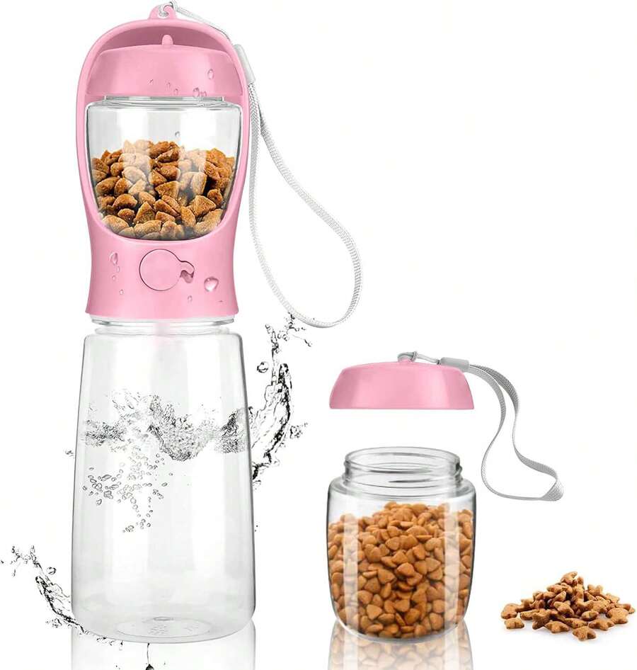 Dog Water Bottle,Portable Pet Water Bottle With Food Container,Outdoor Portable Water Dispenser For Cat, Dog, Pets For Walking,Hiking,Travel,Walk The Dog Essentials, Dog Stuff - 粉色 - 查看 1