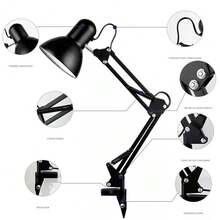 Metal Desk Lamp With Clamp, Swing Arm, Architect Adjustable Gooseneck Table Lamp, Clip Desk Lights For Home Office, Work, Study, Reading, E26 Base, Multi-Joint, Black - 查看 8