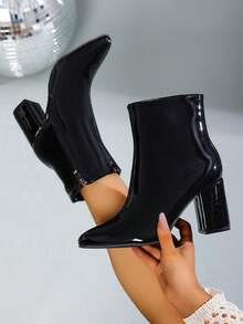 Women's Solid Color Ankle Boots, Glossy Fashion Versatile Side Zipper Design Pointed Toe Chunky Heel Increased Height Classic Soft Bottom Non-Slip Lightweight Outdoor Casual Short Boots