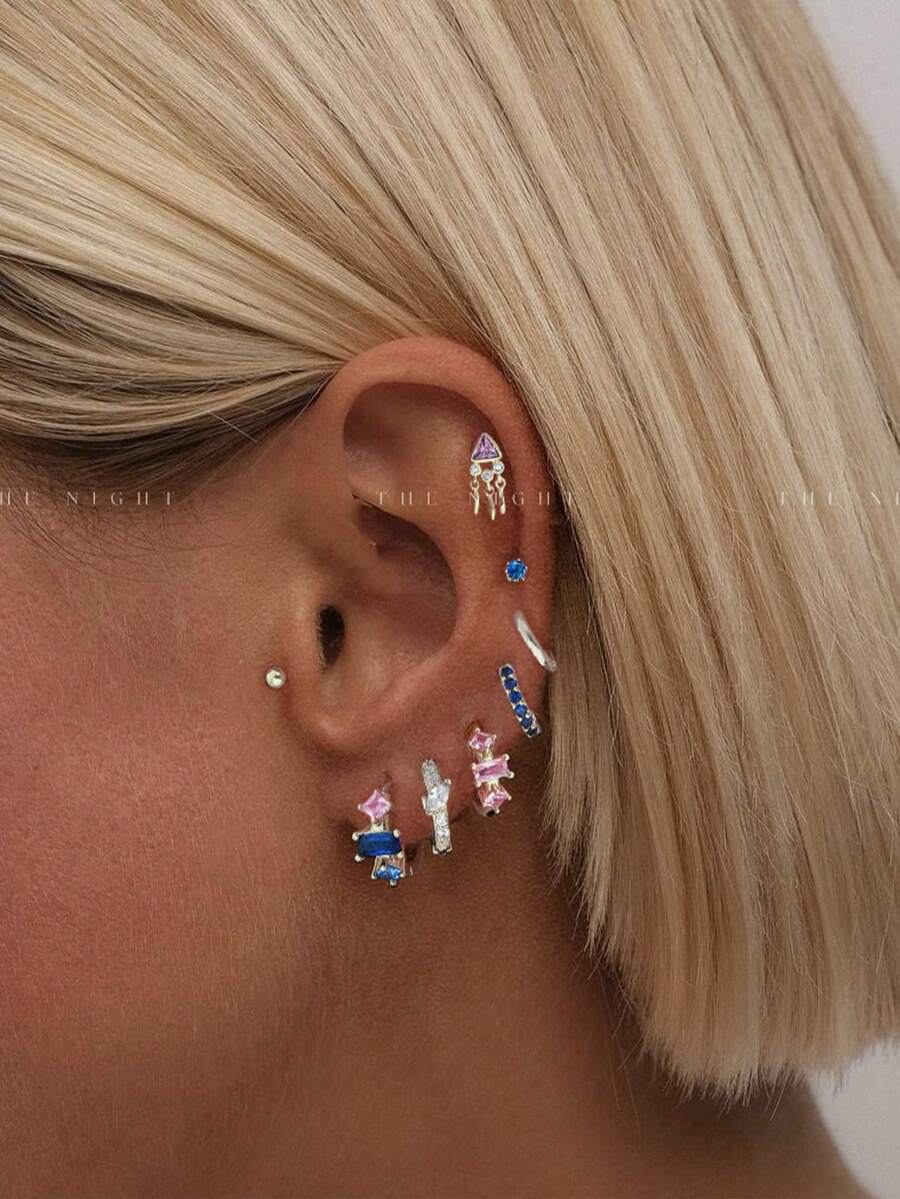 1 Bộ 8 Mặt Dây Chuyền Zirconia Xanh Dương & Hồng Thanh Lịch, Bộ Trang Sức Hoa Tai Đính Đá, Thích Hợp Cho Tiệc Tùng, Ngày Lễ, Hẹn Hò Hoặc Đám Cưới - Bạc - Xem 1