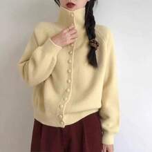 ニートカーディガン レーディス 厚手セーター 韓国スタイル ハイネック ニットカーディガン 秋冬 新作   柔らかい ふんわりした ゆったり ニットアウター レーディス ボタン付き - レッド - チェックする 4