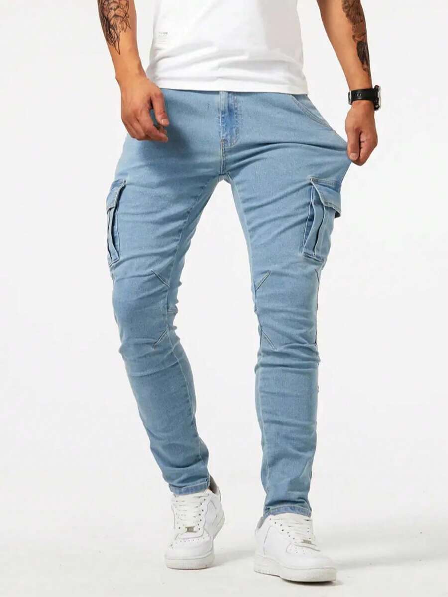 Men's Slim Fit Jeans With Pockets Fashion, Men's Denim Pants, Casual Fashion And Comfort - 淺藍色 - 查看 1