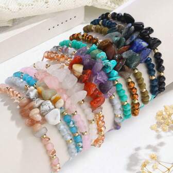 12pcs Bohemian Natural Stone Bracelet Set, Suitable For Men And Women - Amethyst, Labradorite, Turquoise And Rose Quartz Beads - Perfect Gift
