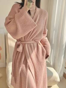 1Pc Women's Bathrobe, , Winter Robe,Kimono Robe, House Robe,Sleepwear,Minimalist European Style Long Sleeve, Spring,Autumn, Petite To Plus Size, Lightweight Solid Color Loungewear,Bathroom, Back To School - Multicolor - View 5
