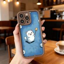Cubierta de teléfono con borde negro azul claro con estampado de gato blanco mágico con varita estrella y estrellas pequeñas para uso diario en cafeterías y salas de estar Aplicable a los teléfonos de la serie Apple y Galaxy - Burdeos - Ver 5