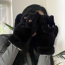 Cute Black Cat Plush Gloves For Winter - High Appearance, Windproof Cold - Resistant, Neck - Hanging Design, Full Coverage Warm Gloves For Outdoor Use - Multicolor - View 8