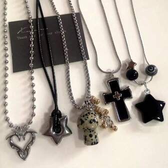 Collar con colgante de cadena con piedra de ojo de tigre con estampado, forma de hongo, cruz y estrella, para mujeres y hombres, joyería estética con encanto