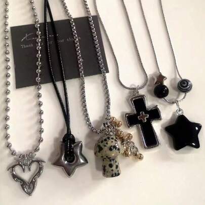 Fashion Spotted Tiger Eye Stone Mushroom Cross Star Pendant Chain Necklace For Women Men Charm Aesthetic Jewelry Accessories