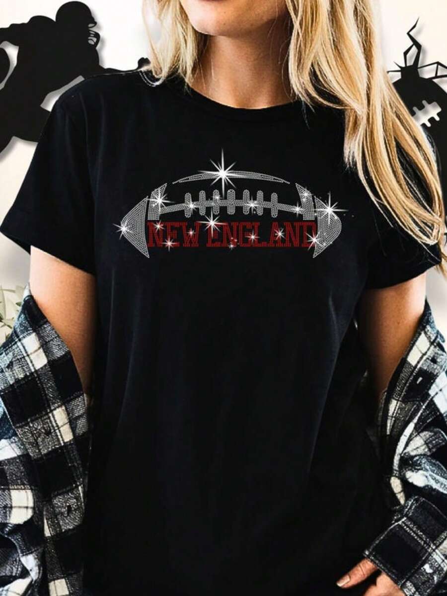 New England Rhinestone Football T-Shirt_ New England Glitter Design - Svart - Visa 1