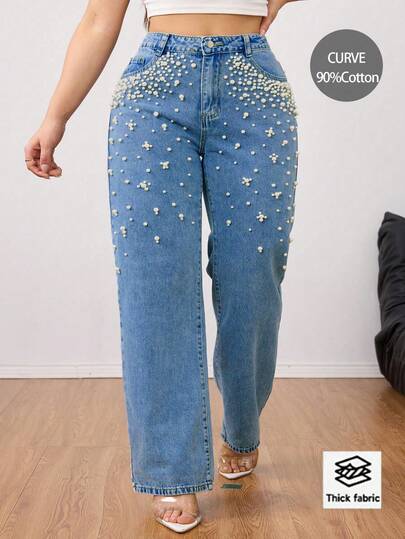 Jeans informales de pierna recta con perlas falsas para mujer de talla grande