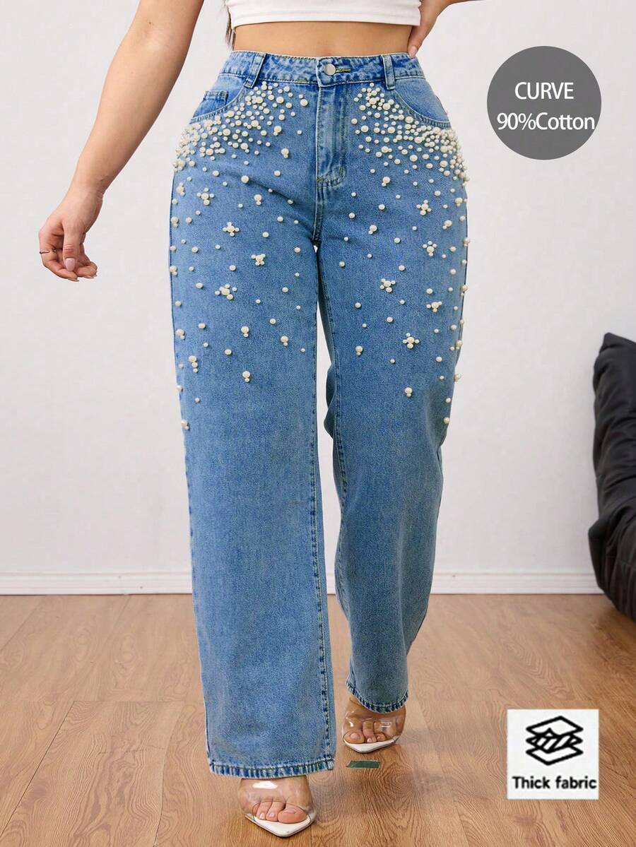 Quần jeans ống đứng dáng casual cho nữ cỡ lớn, chất liệu giả ngọc trai, thích hợp cho mùa xuân. - Rửa trung bình - Xem 1