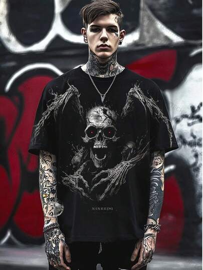 男士夏季休闲短袖T恤，复古暗黑骷髅图案，圆领，涤纶面料，适合运动健身