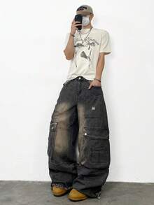 1 قطعة بنطلون جينز أمريكي كاجوال من ماركة Justice Brother باللون الرمادي، متعدد الجيوب، بتصميم مريح وواسع الساق، بتصميم مناسب للموسم، بنطلون للأزواج (الحزام والإكسسوارات غير مشمولة) - رمادي - مشاهدة 5