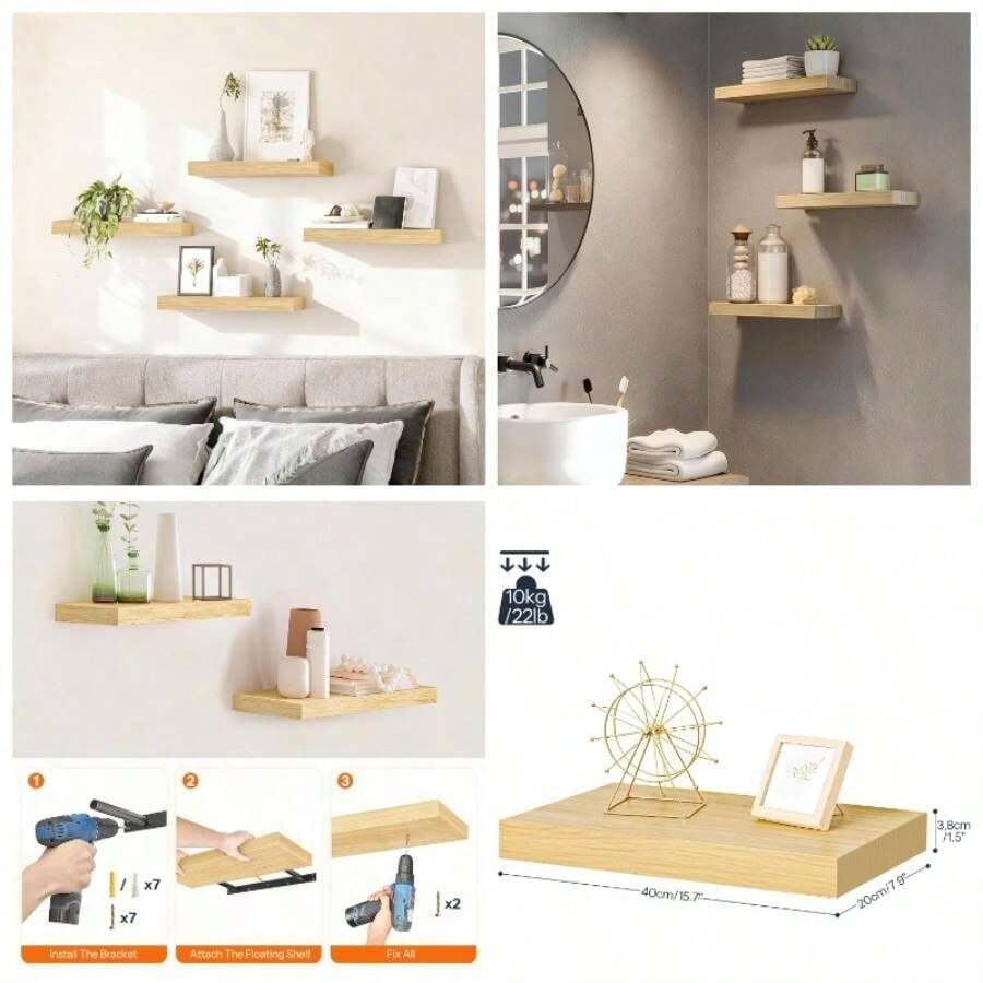 Floating Shelves Wall, Wall Mounted Shelf Set Of 2, 15. Hanging Shelf With Brackets, Wall In Bathroom, Bedroom, Toilet, Kitchen, Living Room, Office, Rustic Brown BF40BJ01 - Natural + 15.7 Inches - View 1