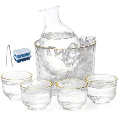 Sake Pot Set Japanese Cold Sake Glasses Clear Unique  Floating Design 1 Sake Carafe Bottle 1 Sake Tank And 4 Saki Cups For Cold Warm Hot Sake Birthday Housewarming Gift Set