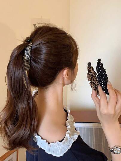 Retro Leopard Print Polka Dot Pleated Banana Clip, Women's Back Of The Head Hair Clip, Ponytail Clip, Vertical Clip, Hairpin Headband, Hair Accessory