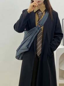 Large Capacity Plaid Pattern Shoulder Bag, New Autumn/Winter Dark Color Nylon Fabric Bag, Soft & Lightweight Foldable Women's Crossbody Bag, Casual & Practical Multipurpose Tote Bag, Suitable For Work, Study, Travel - Blue - View 9