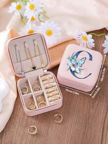 1 Peça Caixa de Joias Minimalista com Floral e Letra, Caixa de Joias Portátil de PU para Viagens de Verão, Mini Organizador de Joias para Brincos, Colares, Anéis, Exibição e Armazenamento de Joias, Caixa de Joias de Grande Capacidade, Adequada para Presentes do Dia das Mães, Natal, Halloween, Organizador de Joias Feminino, Essencial de Viagem, Armazenamento de Dormitório de Volta às Aulas - Rosa chiclete - Visão 31