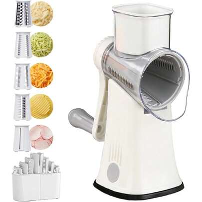 Rotary Cheese Grater: 5 In 1 Cheese Grater With Handle Vegetable Slicer With 5 Interchangeable Blades, Storage Box, Green Cheese Shredder With Strong Suction Base For Kitchen (White),26345345