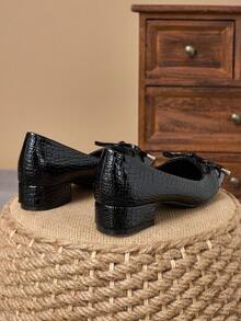 Women's Square Toe 3cm Heel Pumps, Suitable For Work, Commute, Dinner Party, Vintage Bow Accent, Navy Blue, Fashionable And Versatile Casual Slip-On Shoes - 黑色 - 查看 5
