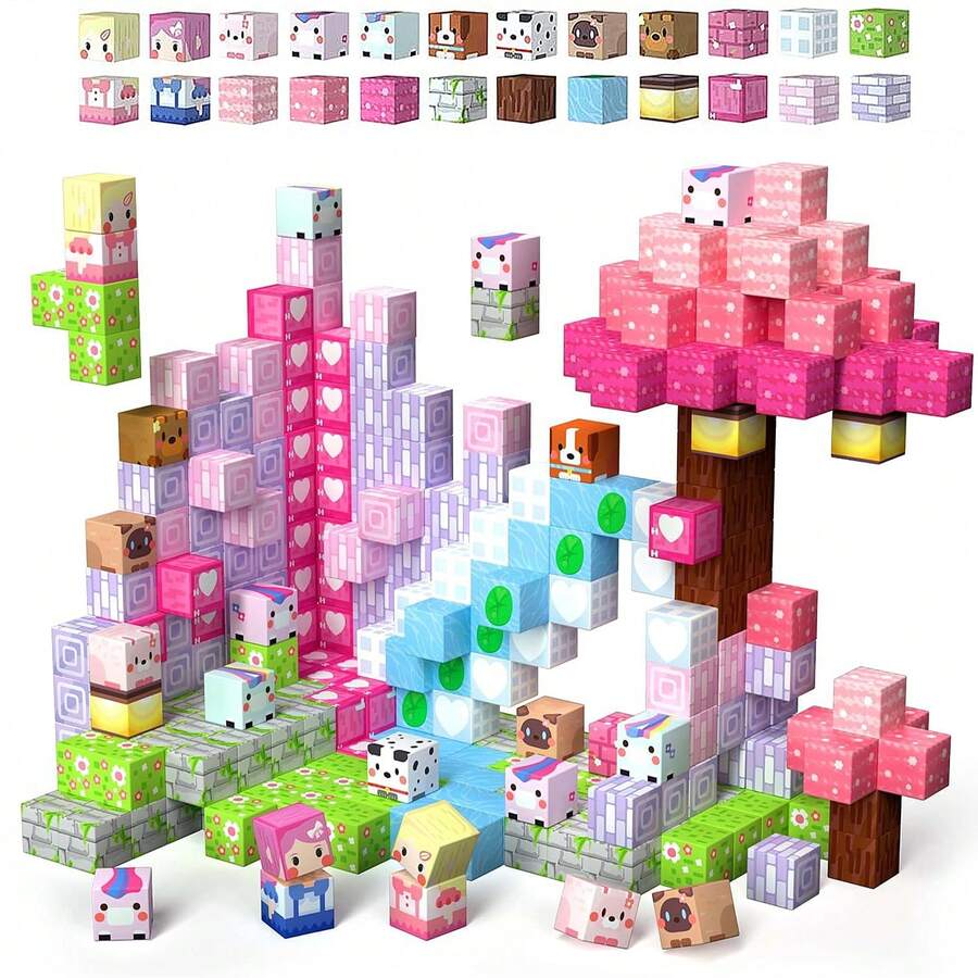 0.78 Inch Magnetic Building Blocks, Magnetic Pink Heart Flower Series, Random Cubic Construction Bricks Toy Set, STEM Educational Sensory Toy, Best Gift For Boys & Girls 3+ Years Old, 2025 - Multicolor - View 1