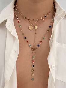 3/4pcs Vintage Luxury Colorful Crystal Y-Shaped Necklace, Men's Punk Metal Jesus Cross Pendant Long Necklace Set - Style 1 - View 9