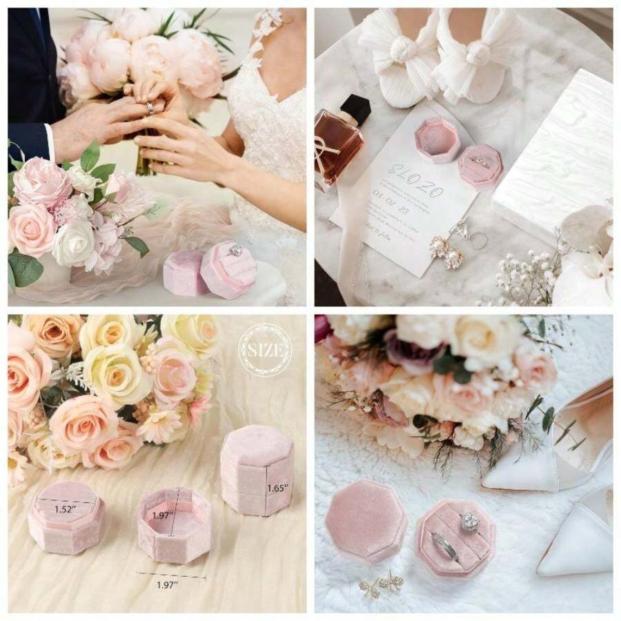 Velvet Ring Box, 3 Slots Octagon Jewelry Ring Box Vintage Ring Display Holder Case Wedding Ceremony Proposal Engagement Pearly White - 粉色 - 查看 1