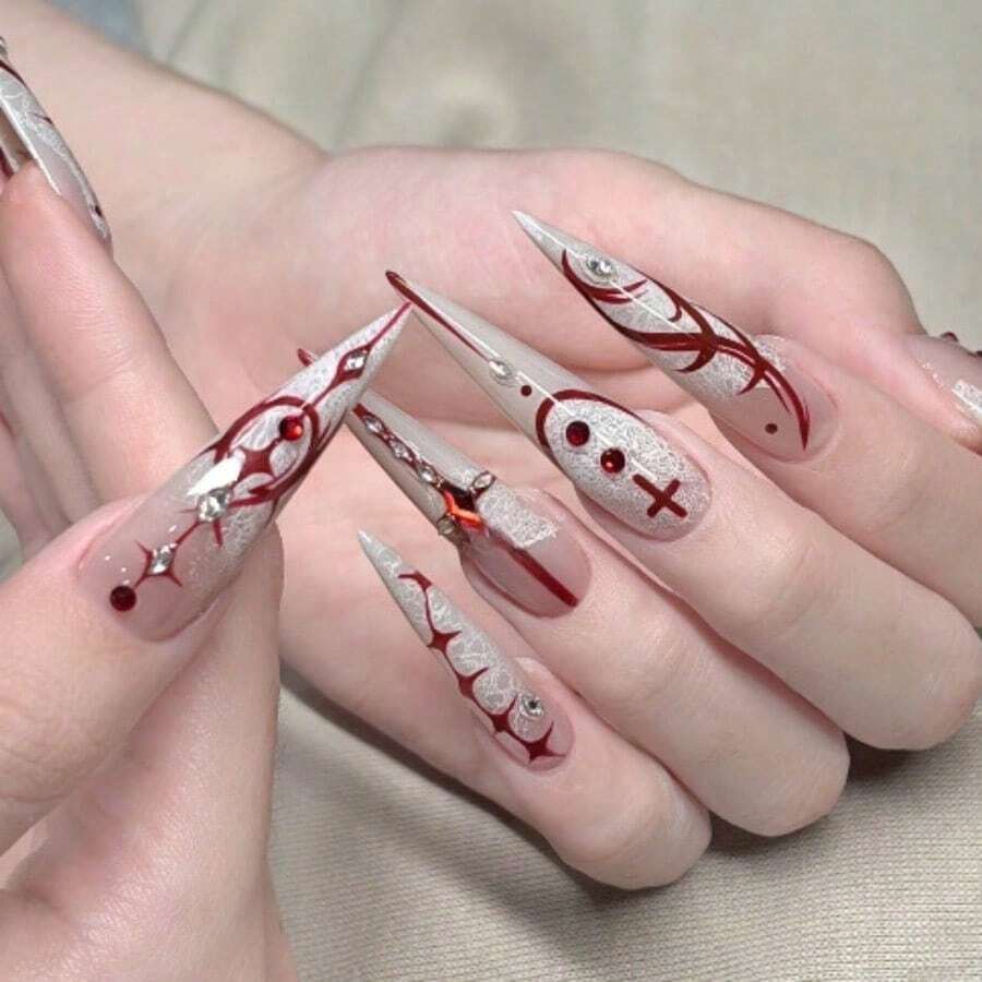 24PCS Press On Nails White Gradient Lace Gothic Print - Reusable (Multi-Time Use) Removable Full Cover Fake Nails, Gothic Aesthetic Matte Finish  Nail Art, 12 Sizes Easy Application Fashion Nails, Jelly Glue & Nail File Included, Suitable For Party Daily Wear Dating Prom Women Girls Edgy Chic Manicure Kit - 紅色 - 查看 1