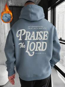 ONE WAVE 男士休闲街头连帽衫，印有“赞美主”标语，秋冬款 - 淺藍色 - 查看 3