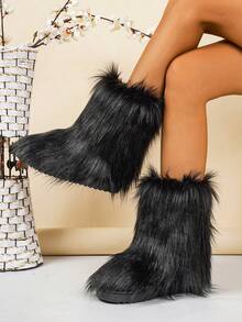 Women's Autumn/Winter New Modern Faux Fur Boots, Thick Sole Warm Fluffy Furry Black Snow Boots, Thermal Lining Warm Non-Slip One-Push Rubber Flat Outdoor Mid-Calf Boots - Black - View 6