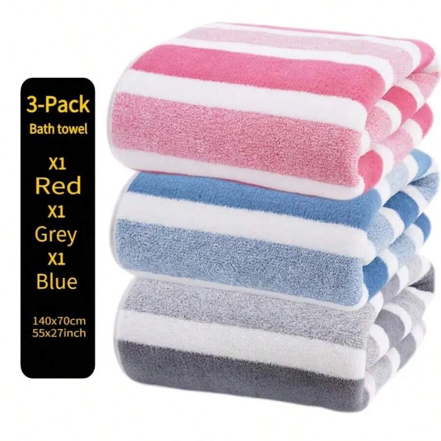 3 piezas Juego de toallas de baño extra grandes, toallas de baño extra grandes de patrón a rayas de lujo y suaves, súper absorbentes y de secado rápido, adecuadas para uso diario, toallas de ducha, toallas de baño ultra suaves, adecuadas para el baño del hogar, suministros de baño ideales. Tamaño aproximado de 27.56*55.12 pulgadas, toallas de mano, toallas de ducha para salón de belleza, hotel, deportes, artículos esenciales para el hogar, toalla, cuidado de la piel