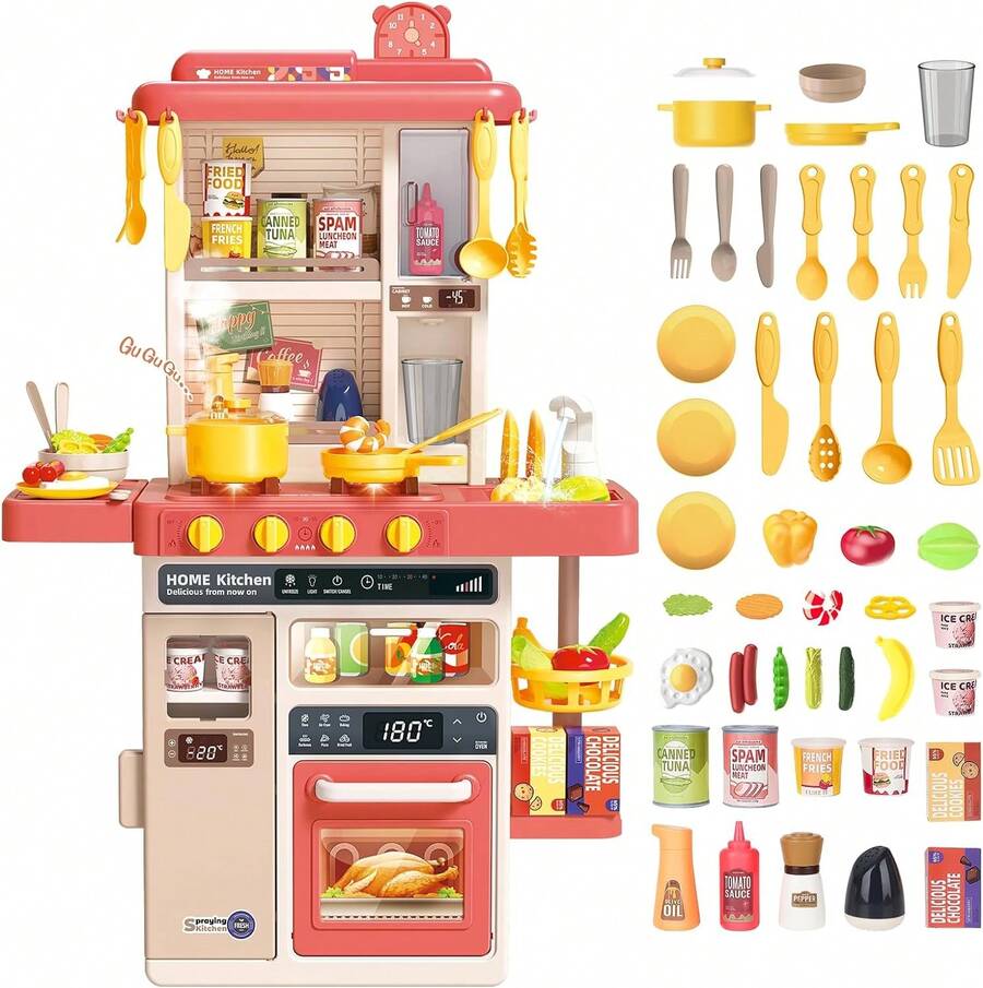 Kitchen Playset Role Play Toy With Realistic Lights And Lots Of Kitchen Accessories - Rosa - Ver 1