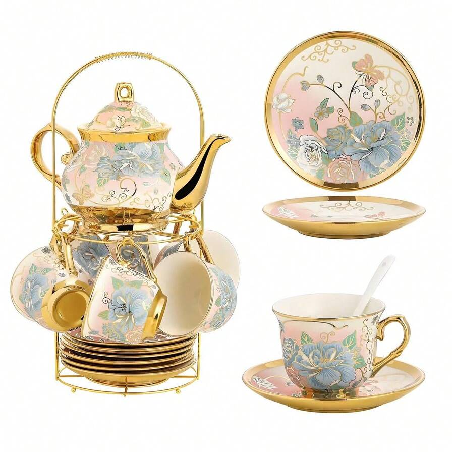 20-Piece Porcelain Tea Set, European-Style Floral Gold-Trimmed Cups & Saucers With Metal Holder, Elegant Ceramic Gift Set For Afternoon Tea & Parties - Blue Pink - View 1