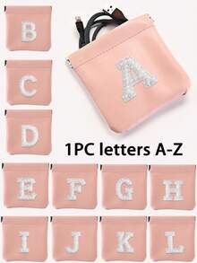 1pc Letter A-Z Cable Organizer Bag, Earphone Pouch, Cosmetic Bag, Digital Pouch, Coin Purse, Small Capacity, Toiletry Organizer Bag, Travel Organizer, Lightweight Travel Essentials, Jewelry Organizer, Lip Gloss Organizer, Nail Polish Organizer, Cosmetic Storage Organizer - Pink - View 1