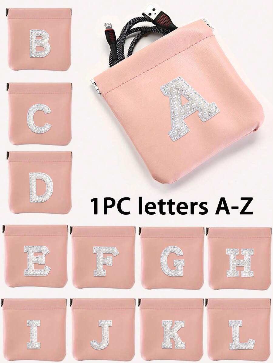 1pc Letter A-Z Cable Organizer Bag, Earphone Pouch, Cosmetic Bag, Digital Pouch, Coin Purse, Small Capacity, Toiletry Organizer Bag, Travel Organizer, Lightweight Travel Essentials, Jewelry Organizer, Lip Gloss Organizer, Nail Polish Organizer, Cosmetic Storage Organizer - Pink - View 1