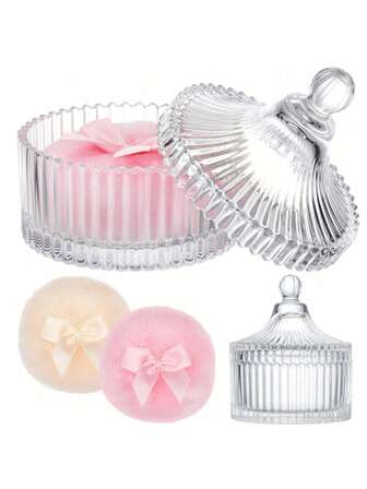 Transparent Ribbed Glass Makeup Jar With Fluffy Powder Puff, Luxury Victorian Style Cosmetic And Jewelry Container, Elegant Bathroom Decor Box, Chic Ribbed Decorative Powder Container, Classic Bathroom Vanity Makeup Jar, Ideal Cosmetic Storage Gift For Women, Powder Puff Jar