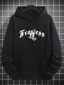 Men's Loose Fit Thermal Lined Hoodie, Street Style For Autumn/Winter - Black - View 6